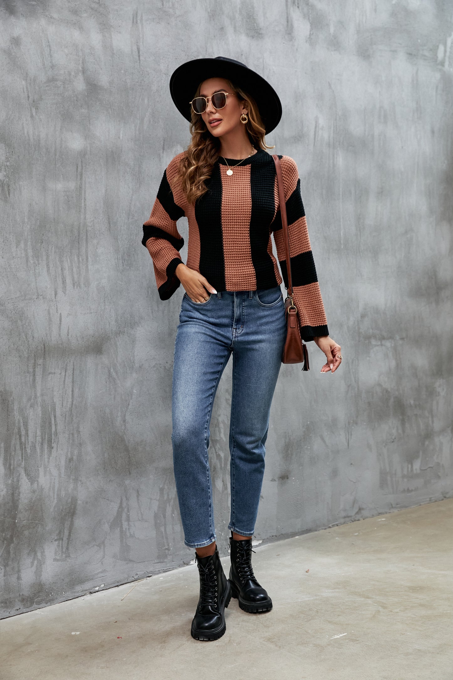 Women Loose Color Matching round Neck Sweater Striped Retro Knitwear Women