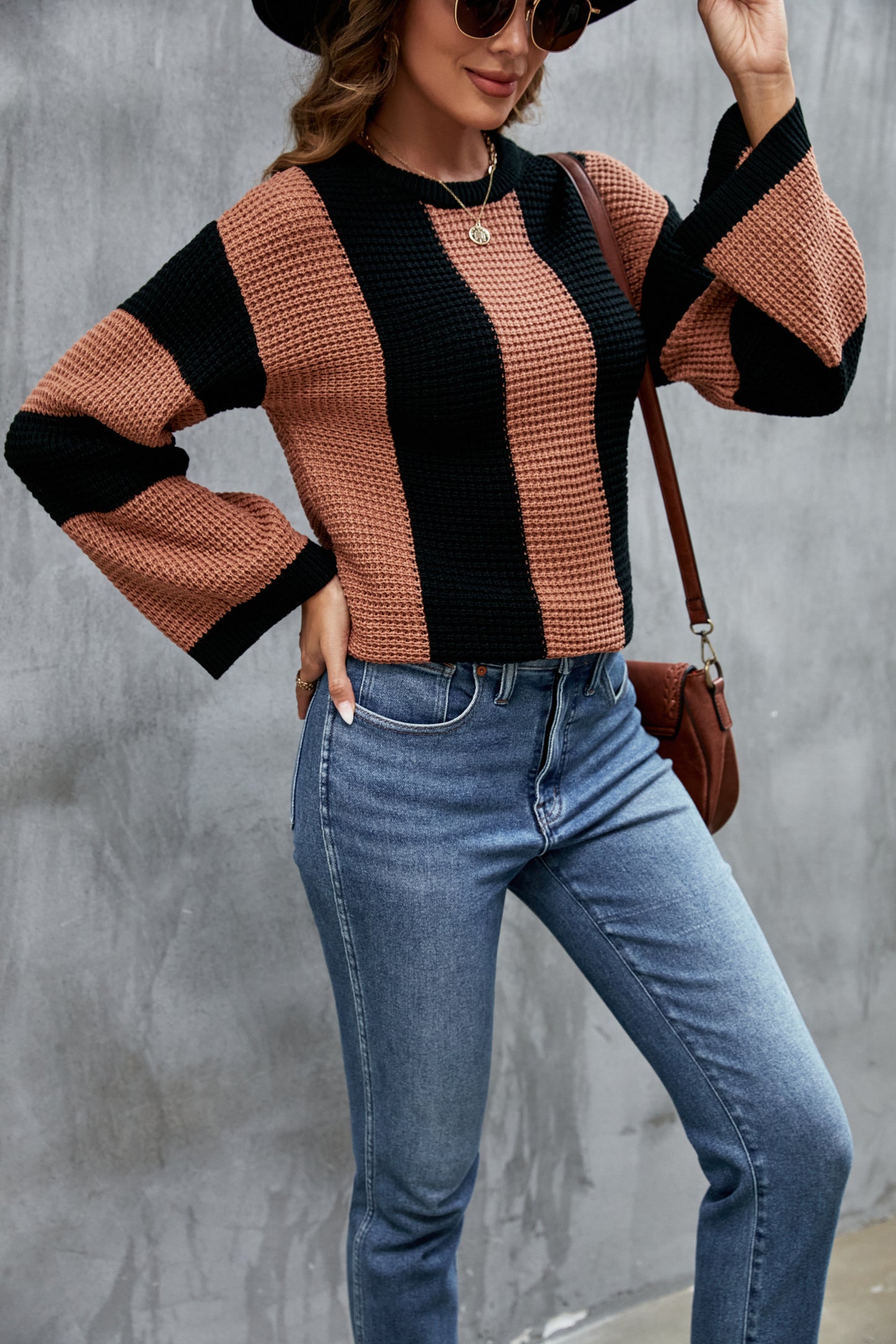 Women Loose Color Matching round Neck Sweater Striped Retro Knitwear Women