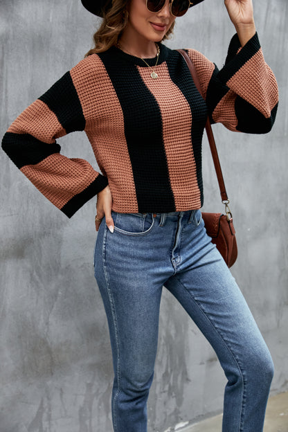 Women Loose Color Matching round Neck Sweater Striped Retro Knitwear Women