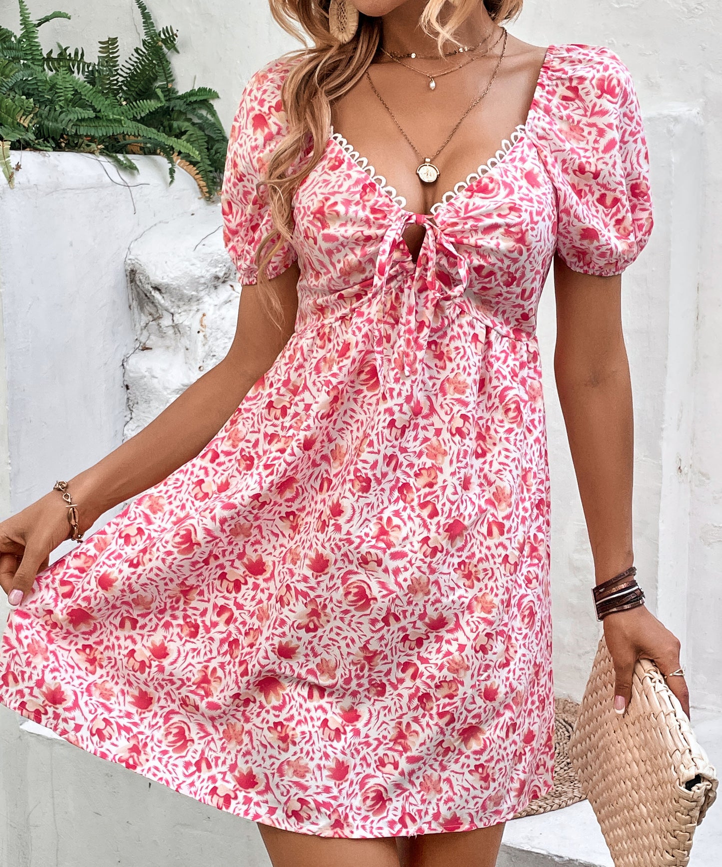Summer Women Clothing Sexy V neck Puff Sleeve Floral Dress