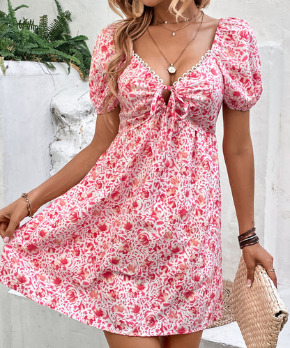 Summer Women Clothing Sexy V neck Puff Sleeve Floral Dress