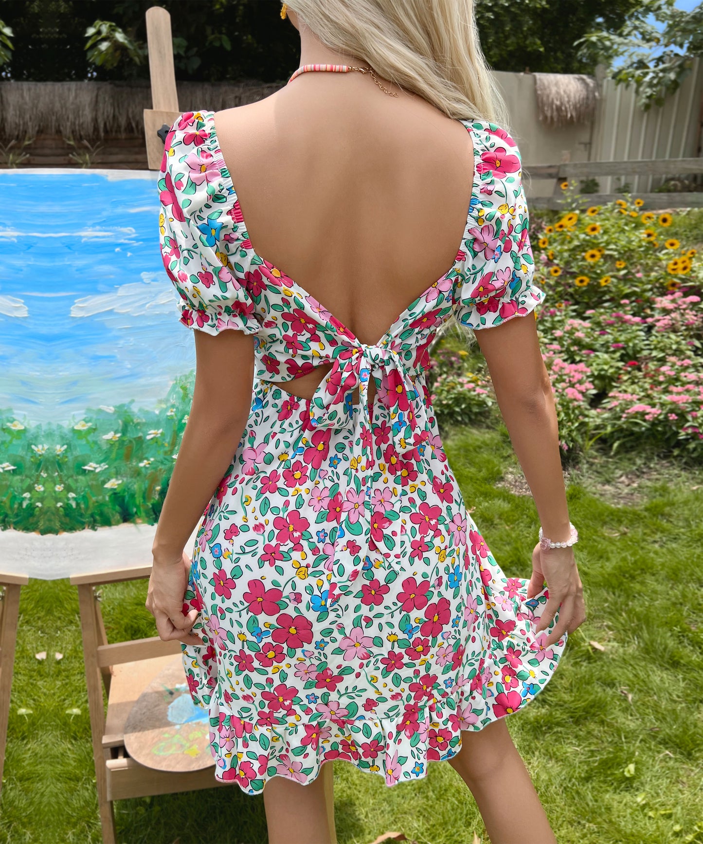 Summer Original Design Women Clothing Lace up Waist Trimming Printing Backless Dress