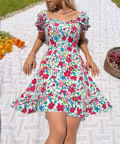 Summer Original Design Women Clothing Lace up Waist Trimming Printing Backless Dress