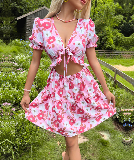 Summer Original Design Women Clothing Lace up Cutout Ruffled Printed Dress