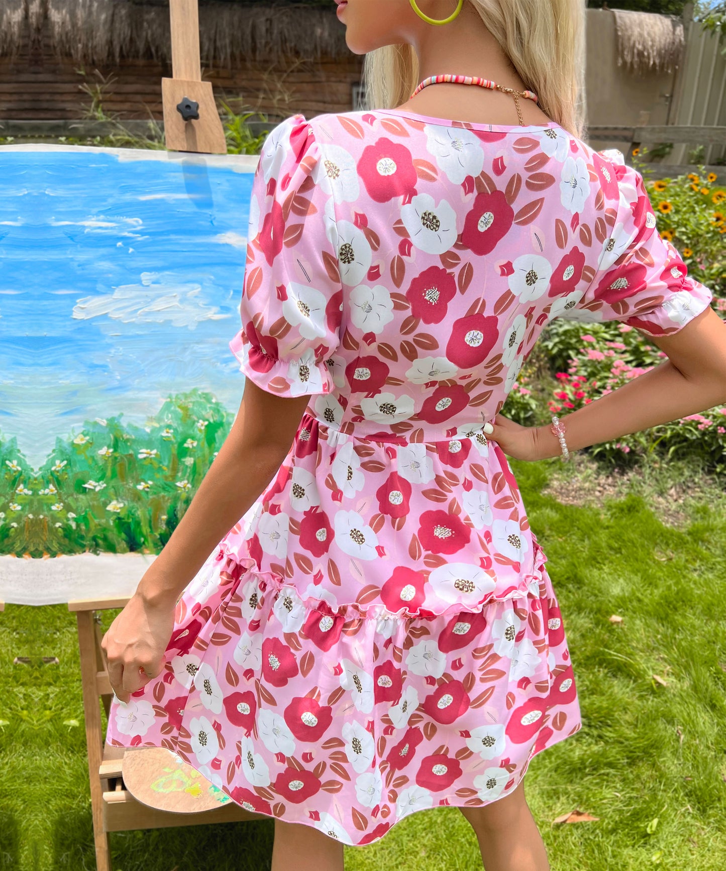 Summer Original Design Women Clothing Lace up Cutout Ruffled Printed Dress