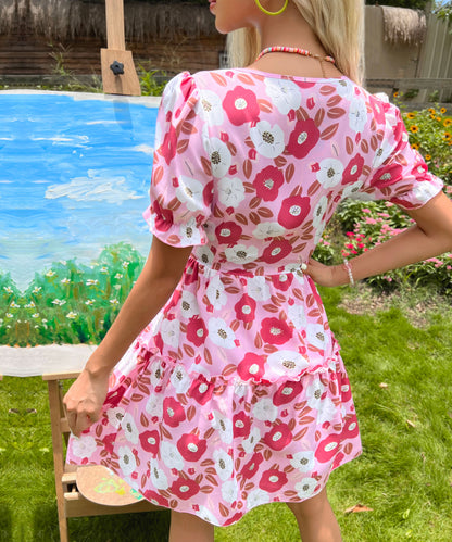 Summer Original Design Women Clothing Lace up Cutout Ruffled Printed Dress