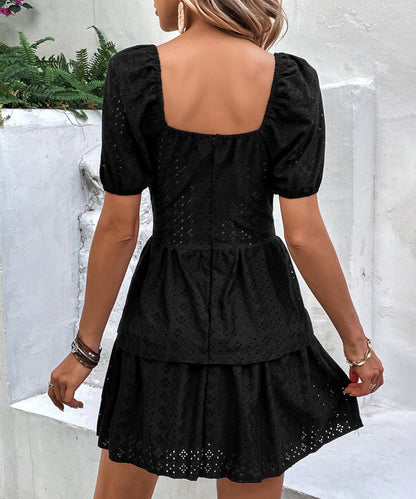 Summer Solid Color Waist Square Collar Puff Sleeve Laminated Tiered Dress