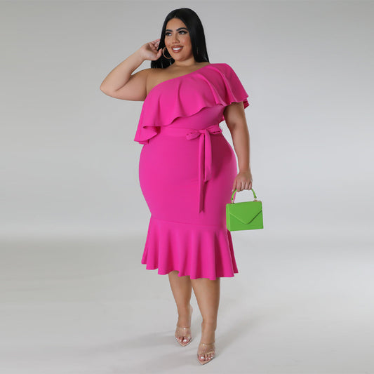 Plus Size Women Clothing Slim Casual Ruffled Tube Top Midi Dress