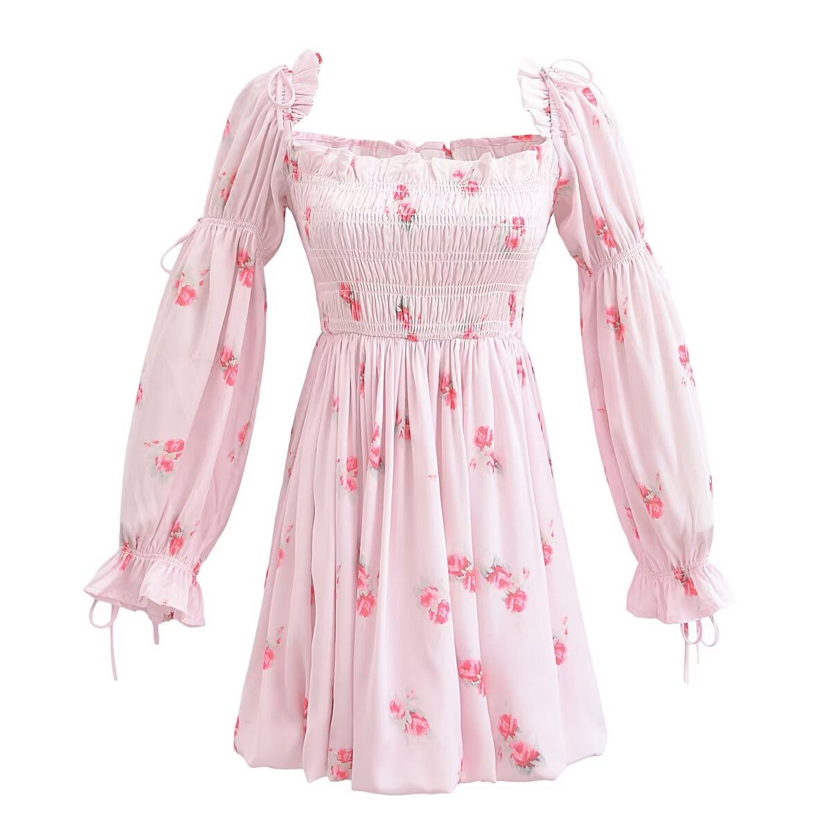 Spring Casual Holiday Floral Print Puff Sleeve Bow Tie Elastic Princess Dress Puffy dress