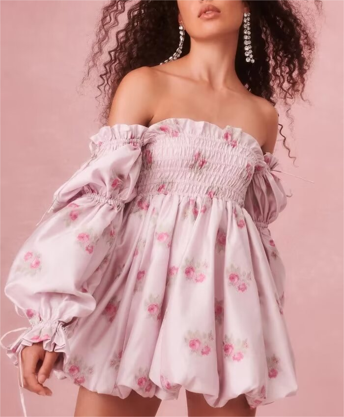 Spring Casual Holiday Floral Print Puff Sleeve Bow Tie Elastic Princess Dress Puffy dress