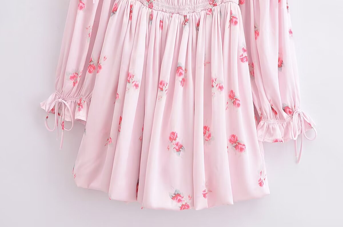 Spring Casual Holiday Floral Print Puff Sleeve Bow Tie Elastic Princess Dress Puffy dress