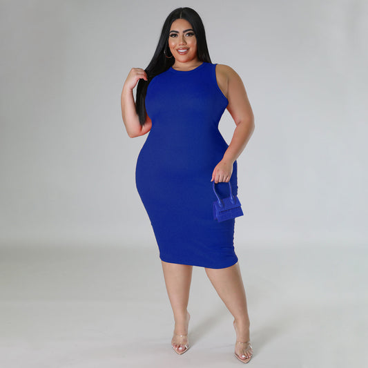 Plus Size Women Clothing Casual Solid Color Spring Summer Sleeveless Dress