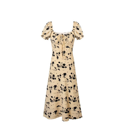 French Vintage Floral Square Collar Puff Sleeve Dress Women Summer Waist Controlled Slimming Dress
