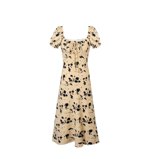 French Vintage Floral Square Collar Puff Sleeve Dress Women Summer Waist Controlled Slimming Dress