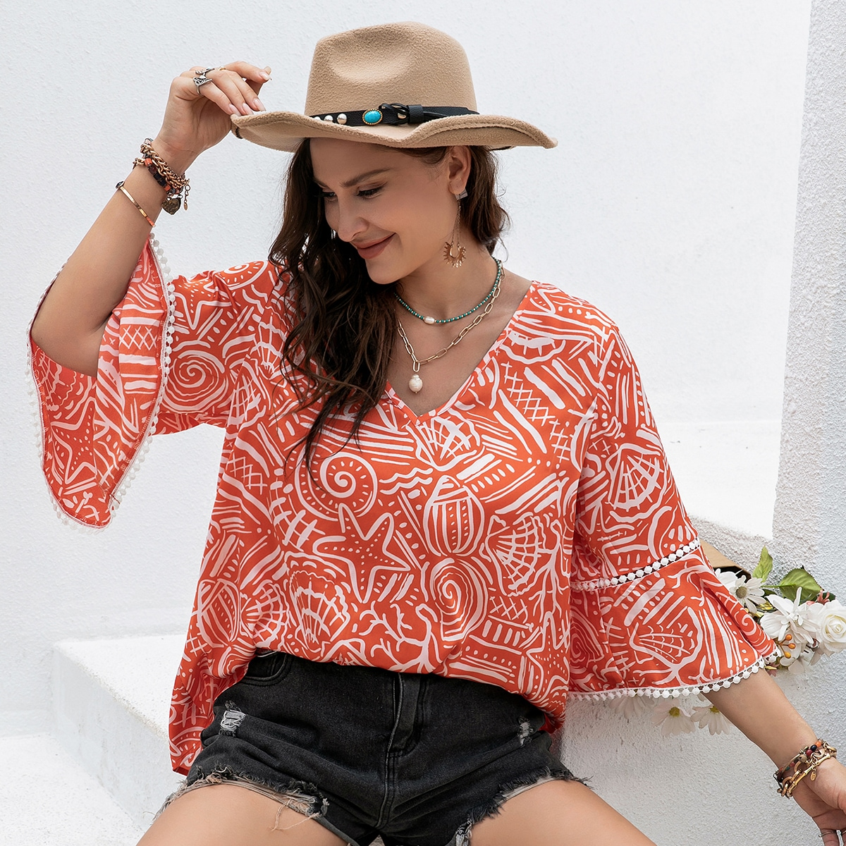 Plus Size Bohemian Orange Casual Floral Stitching Printing Women Top