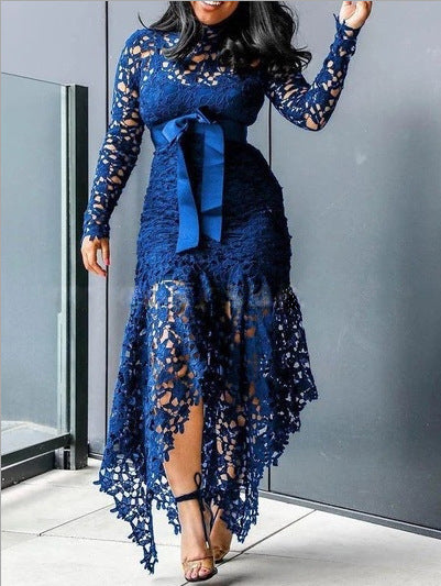 Women Clothing Wish Lace Hollow Out Cutout out Long Sleeve Stand-up Collar Tie 5 Colors Irregular Asymmetric Plus size
