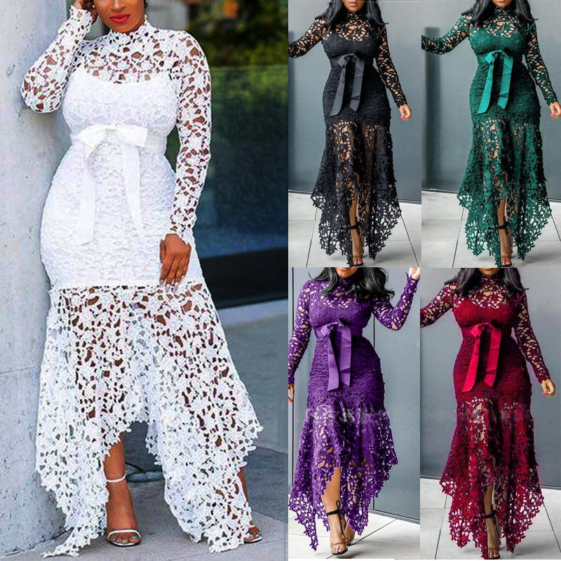 Women Clothing Wish Lace Hollow Out Cutout out Long Sleeve Stand-up Collar Tie 5 Colors Irregular Asymmetric Plus size