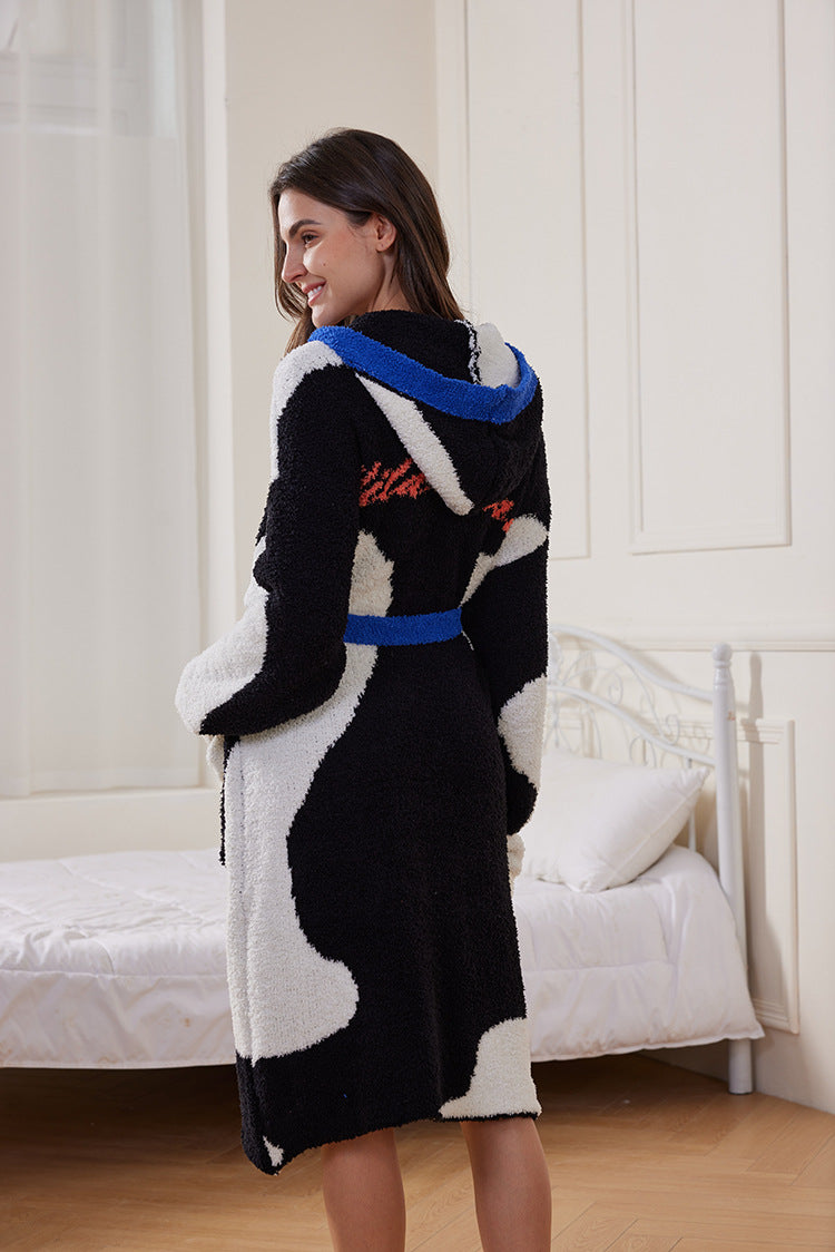 Autumn Winter Half Velvet Hooded Tracksuit Casual Pajamas Thick Mid Length Nightgown