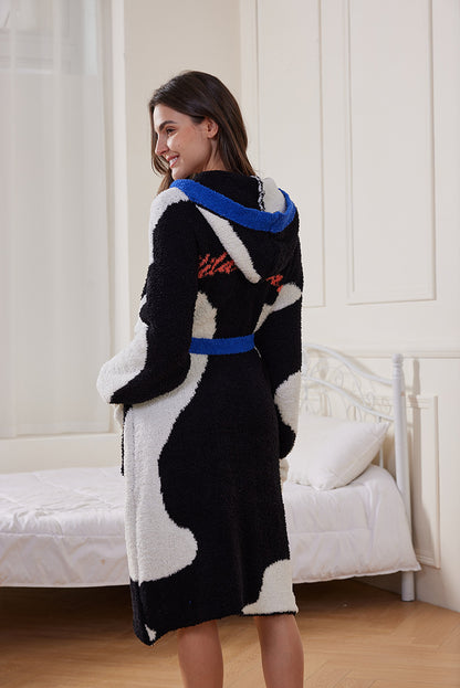 Autumn Winter Half Velvet Hooded Tracksuit Casual Pajamas Thick Mid Length Nightgown