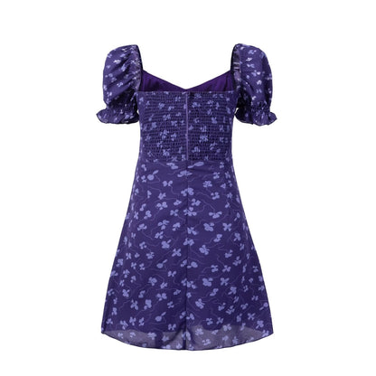 High Sense Small Square Collar Slimming Puff Sleeve Cute Youth Looking Floral Short Dress