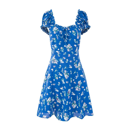 Early Spring Square Collar Puff Sleeve Waist Slimming Printing Dress