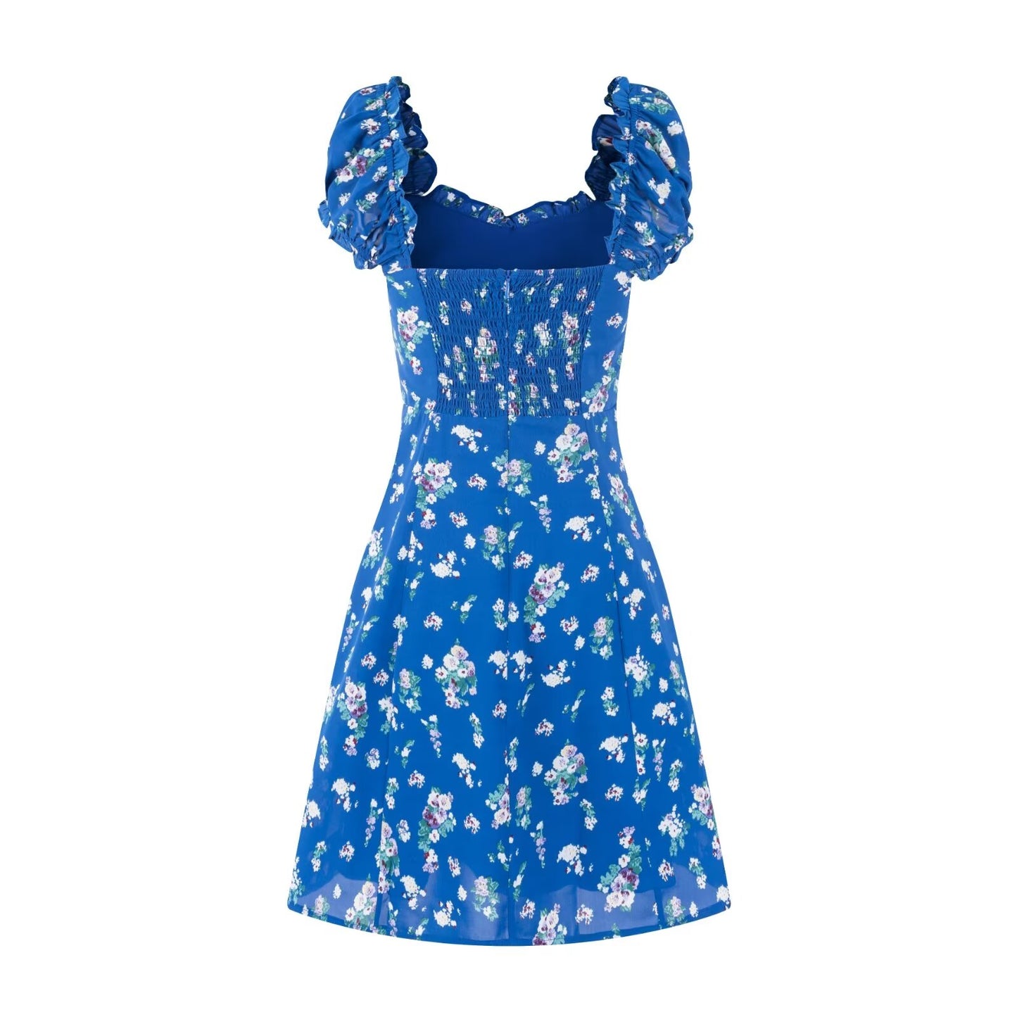 Early Spring Square Collar Puff Sleeve Waist Slimming Printing Dress