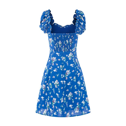 Early Spring Square Collar Puff Sleeve Waist Slimming Printing Dress