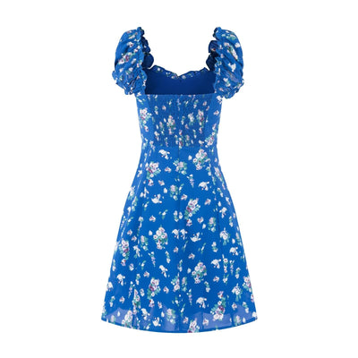 Early Spring Square Collar Puff Sleeve Waist Slimming Printing Dress
