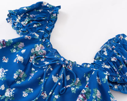 Early Spring Square Collar Puff Sleeve Waist Slimming Printing Dress