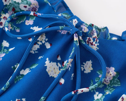 Early Spring Square Collar Puff Sleeve Waist Slimming Printing Dress