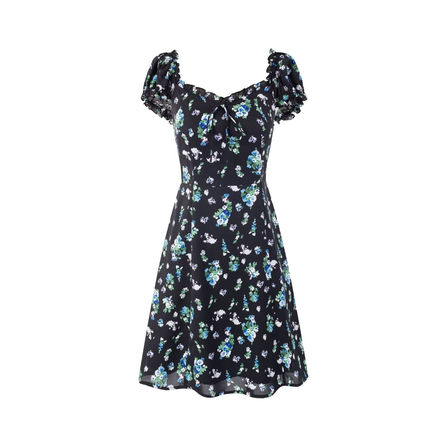 Early Spring Square Collar Puff Sleeve Waist Slimming Printing Dress