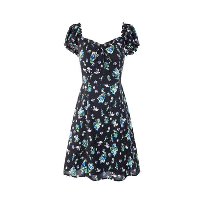 Early Spring Square Collar Puff Sleeve Waist Slimming Printing Dress