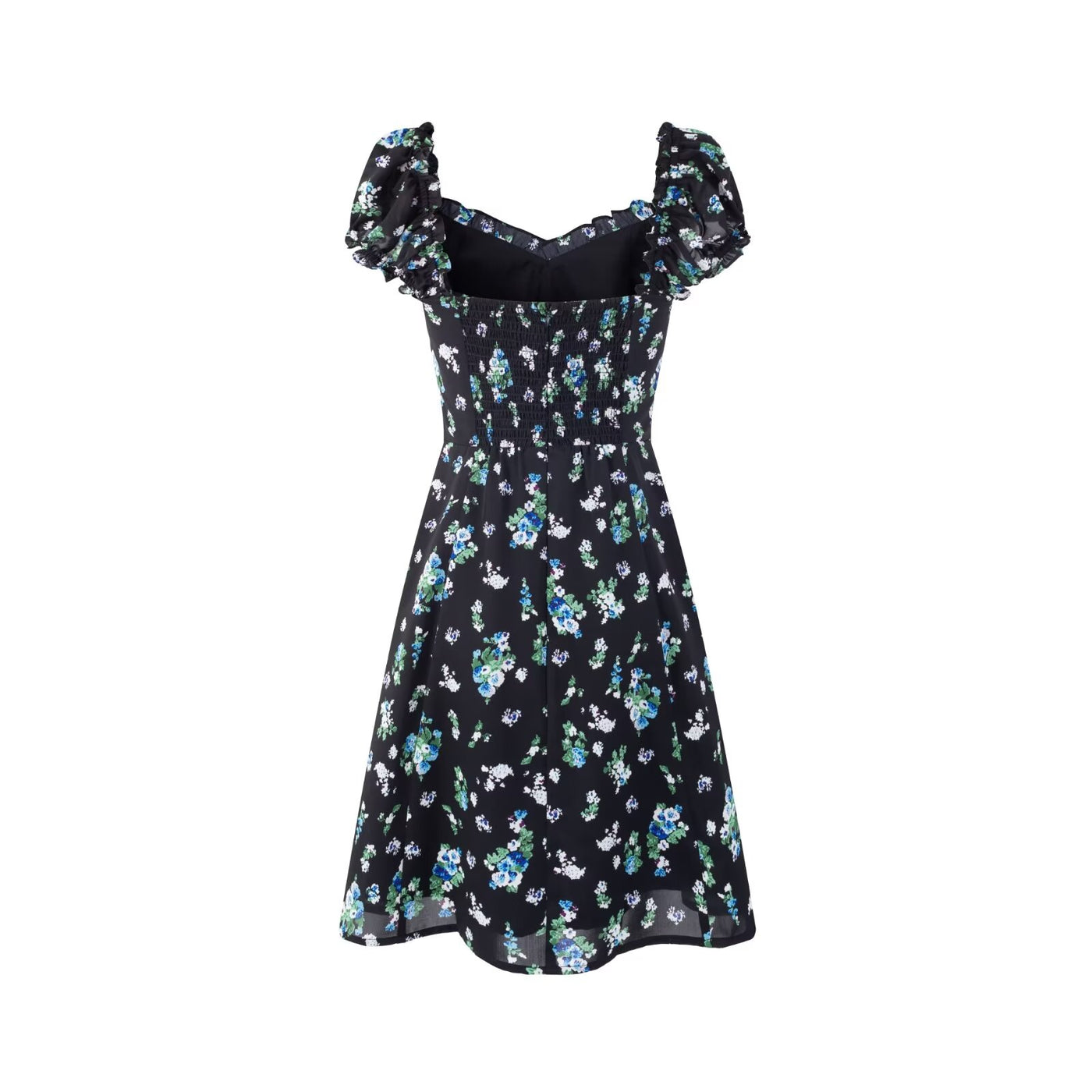 Early Spring Square Collar Puff Sleeve Waist Slimming Printing Dress