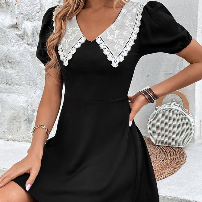 Summer Sweet Spicy Short Dress Contrast Color Doll Collar Puff Sleeve Dress
