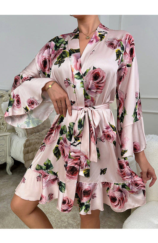 Sexy Underwear Ruffled Emulation Silk Nightgown Cardigan Bathrobe Home Wear Pajamas Women
