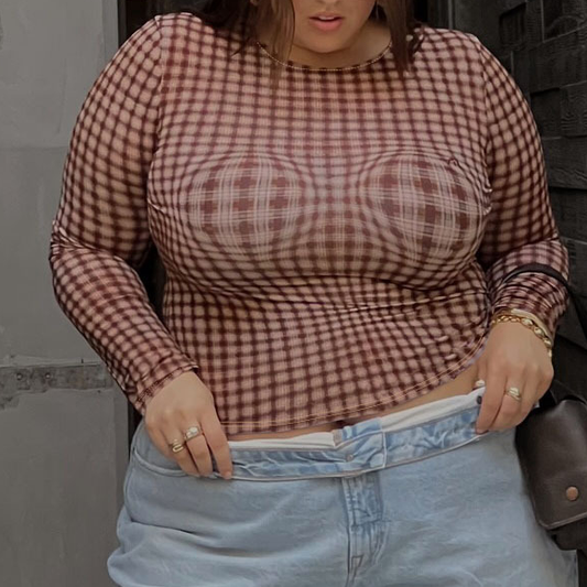 Women Clothing Best Casual round Neck Plaid Printed plus Size Top