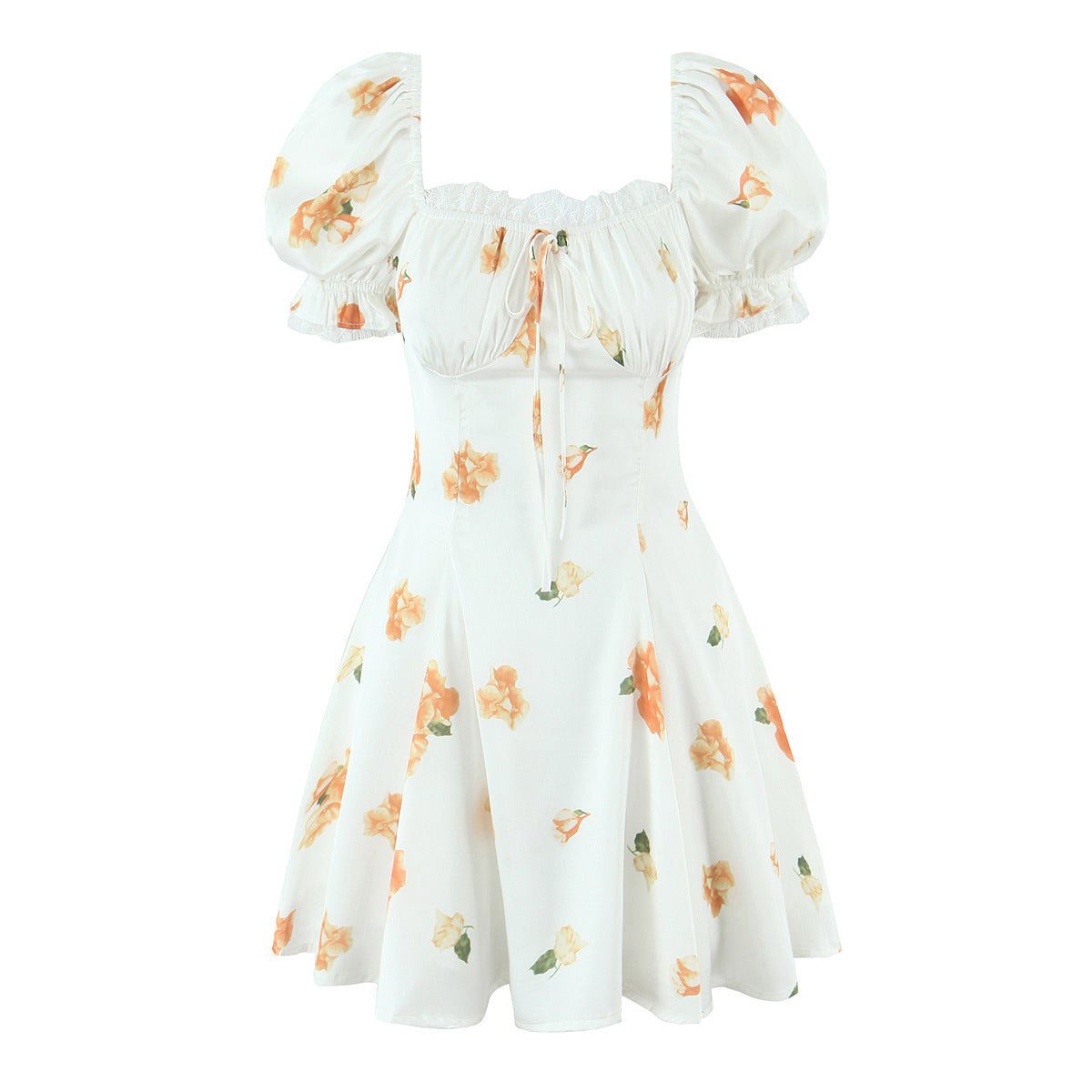 Sweet Printed Design Puff Sleeve Tube Top Lace Stitching Tied A line Dress Short Dress Women