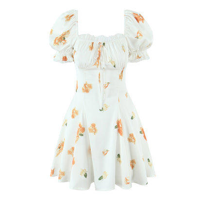 Sweet Printed Design Puff Sleeve Tube Top Lace Stitching Tied A line Dress Short Dress Women