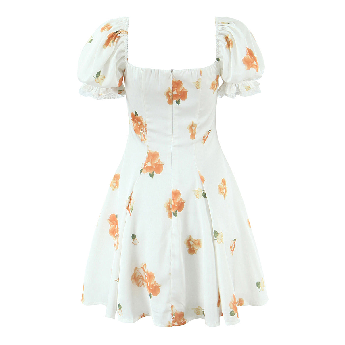 Sweet Printed Design Puff Sleeve Tube Top Lace Stitching Tied A line Dress Short Dress Women