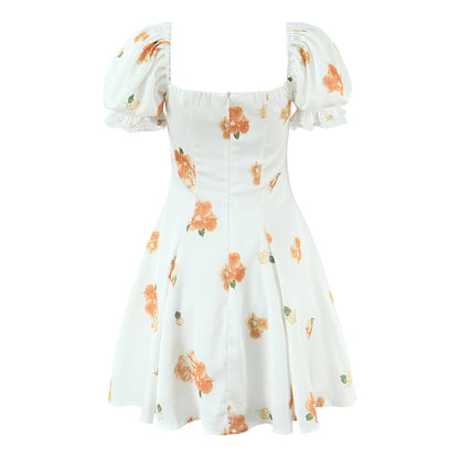 Sweet Printed Design Puff Sleeve Tube Top Lace Stitching Tied A line Dress Short Dress Women