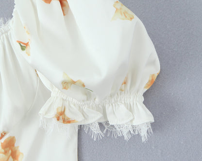 Sweet Printed Design Puff Sleeve Tube Top Lace Stitching Tied A line Dress Short Dress Women