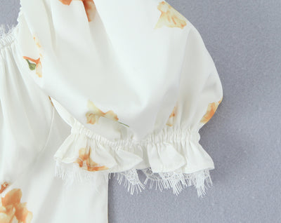 Sweet Printed Design Puff Sleeve Tube Top Lace Stitching Tied A line Dress Short Dress Women