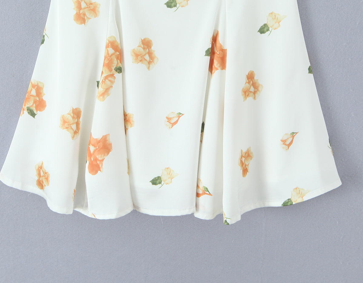 Sweet Printed Design Puff Sleeve Tube Top Lace Stitching Tied A line Dress Short Dress Women