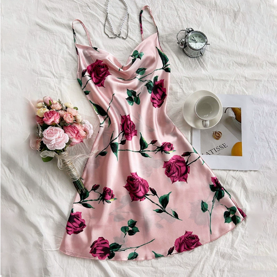 Summer Dacron Camisole Sleeveless Dress Sexy Printed Backless Slip Dress Nightdress