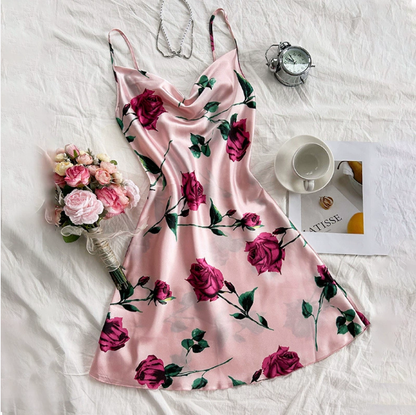 Summer Dacron Camisole Sleeveless Dress Sexy Printed Backless Slip Dress Nightdress