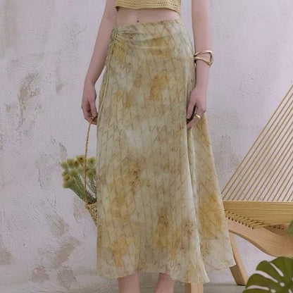 Women Clothing Summer Holiday Blooming Printed Pull Belt Chiffon Irregular Asymmetric Skirt