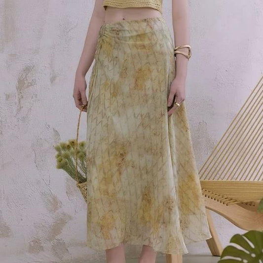 Women Clothing Summer Holiday Blooming Printed Pull Belt Chiffon Irregular Asymmetric Skirt