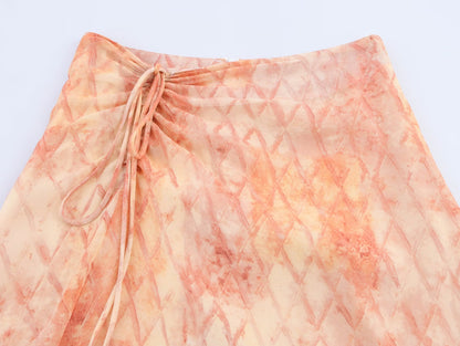 Women Clothing Summer Holiday Blooming Printed Pull Belt Chiffon Irregular Asymmetric Skirt