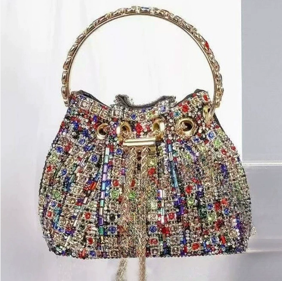 Dinner Bag Refined Rhinestone Handbag Chain Simple Fully Jewelled Bucket Bags - GLAMWEARS