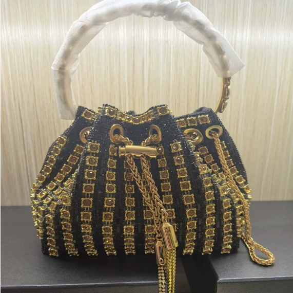 Dinner Bag Refined Rhinestone Handbag Chain Simple Fully Jewelled Bucket Bags - GLAMWEARS